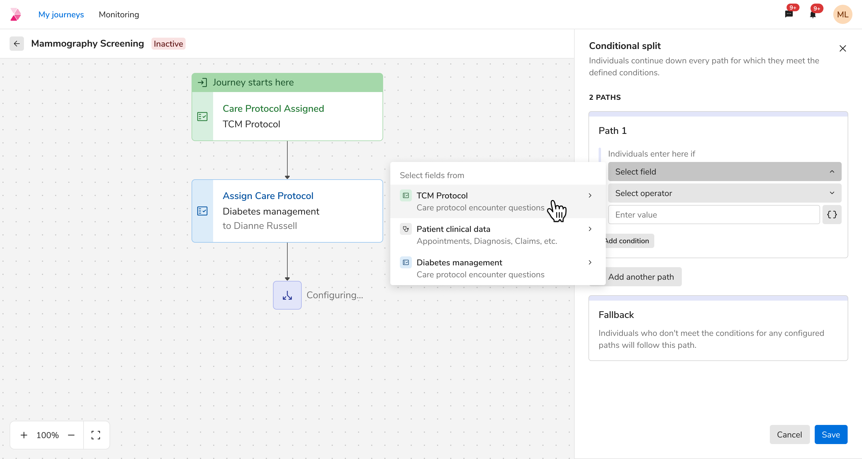 A conditional-split node open, defining two parallel paths on the fields each patient meets.