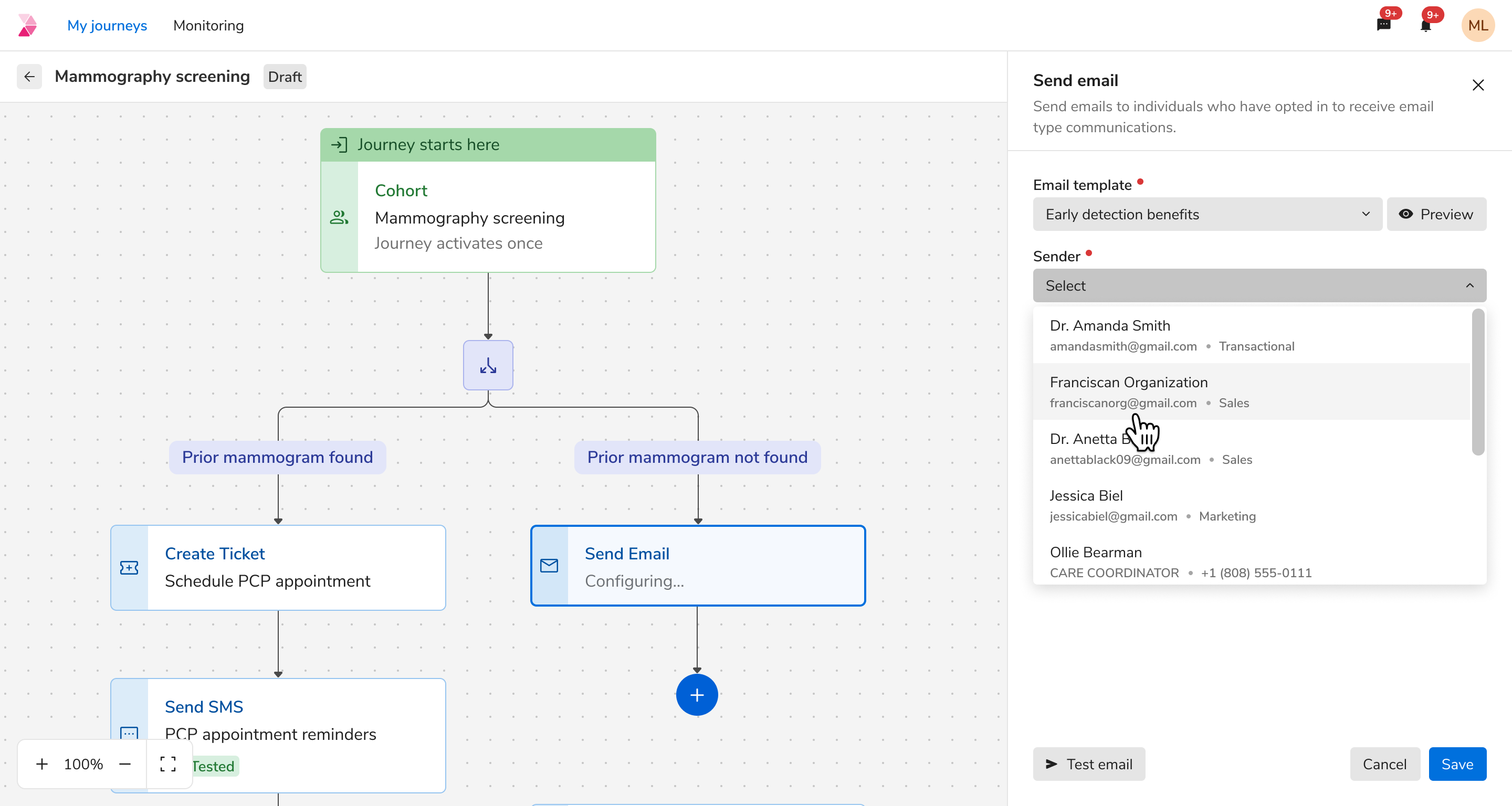 A Send Email node open on the canvas with the template picked and the sender dropdown expanded.