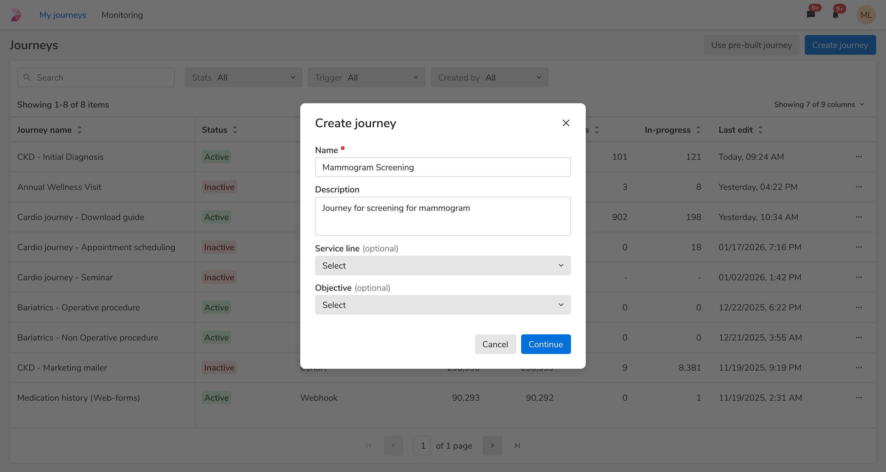 The ‘Create journey’ dialog over the journeys list: name, description, service line and objective fields.