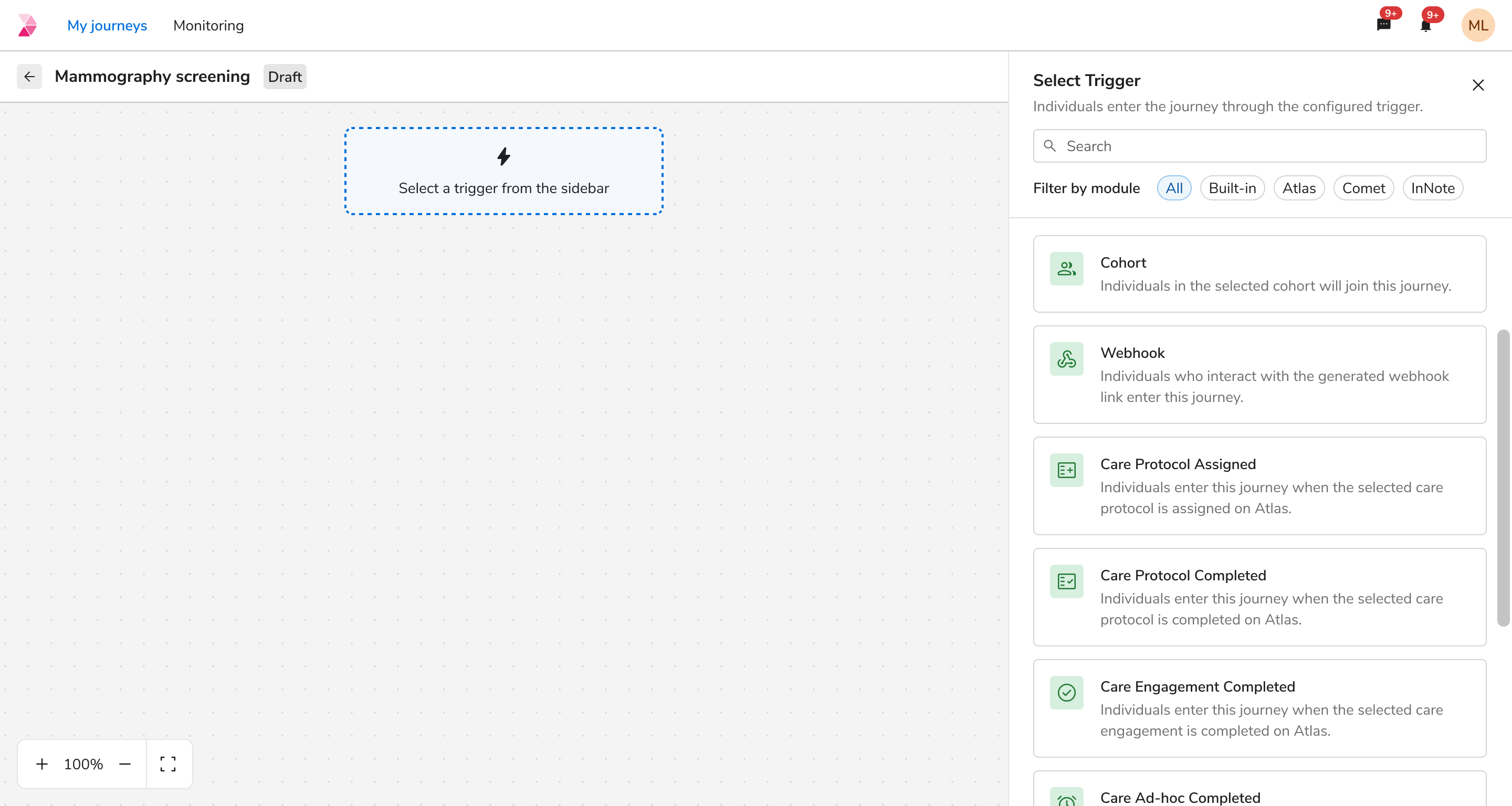 The ‘Select Trigger’ panel listing cohort, webhook and Atlas care-protocol triggers, filterable by module.